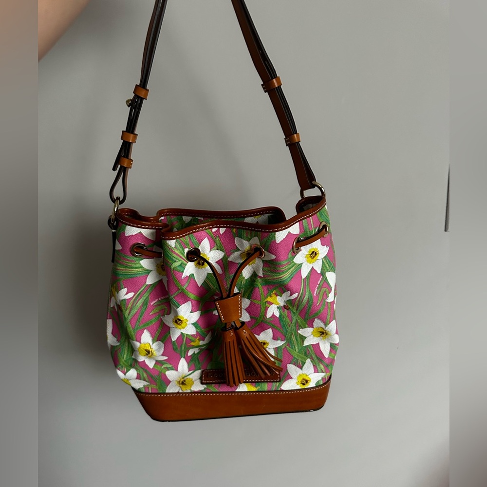 Dooney Bourke Pink  Daffodil Flower Drawstring Bucket Bag Purse